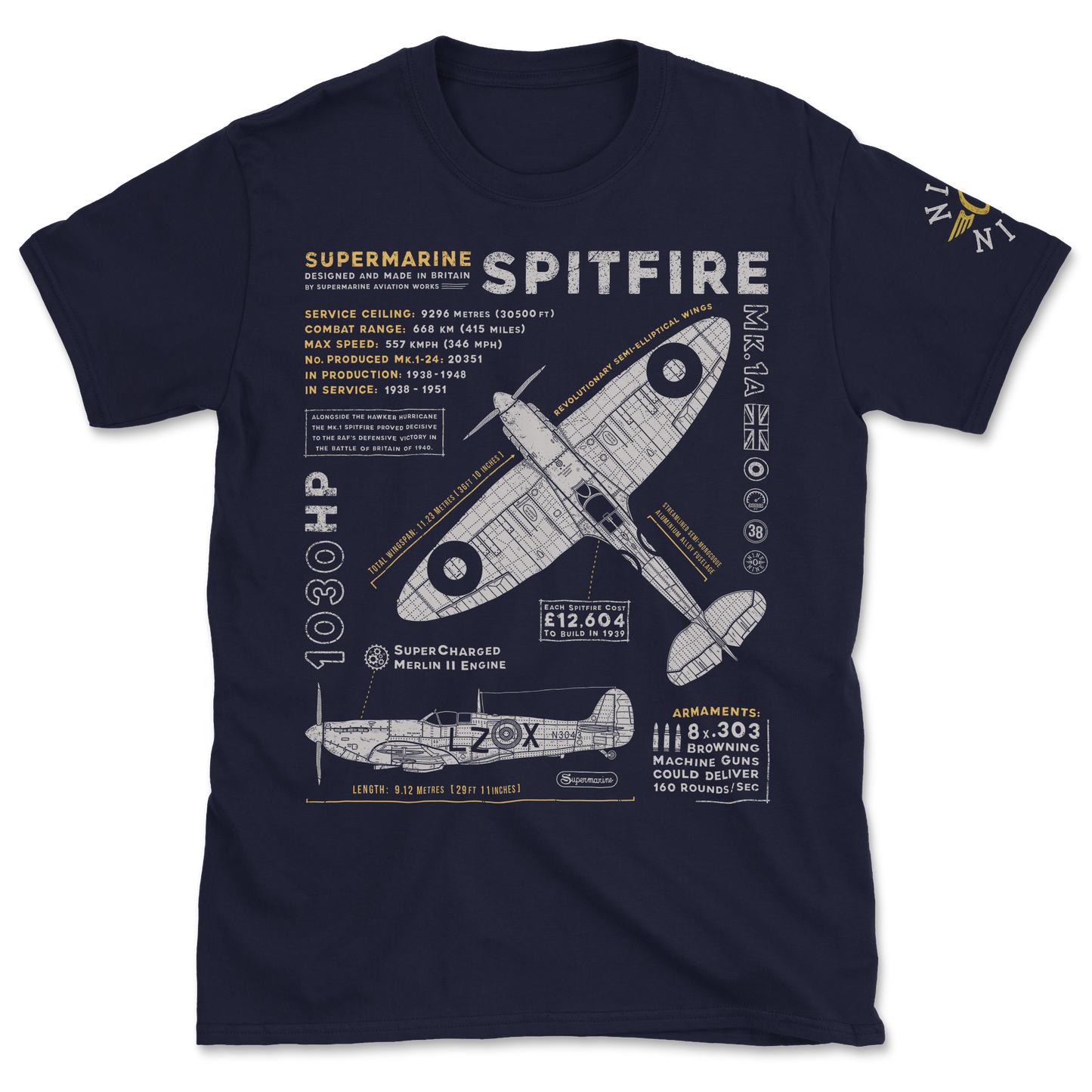 Spitfire Mk.1 Blueprint T-Shirt By 909 Apparel